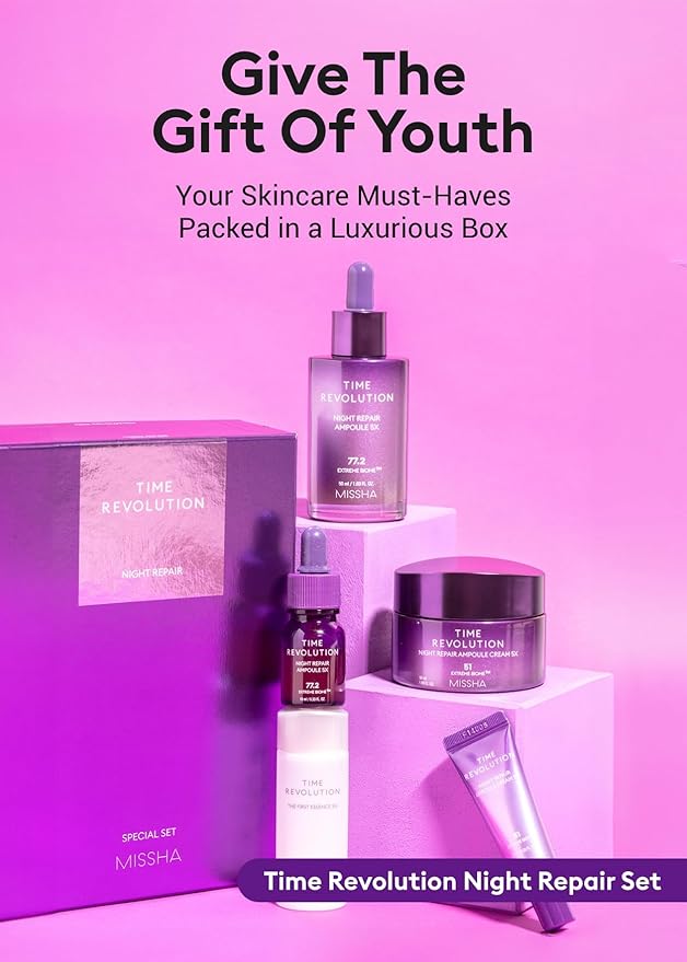 MISSHA Time Revolution Night Repair 5X Gift Set Night Repair Ampoule and Cream 5X, The First Essence 5X for Youthful, Glowing Skin-BrightBean Baby