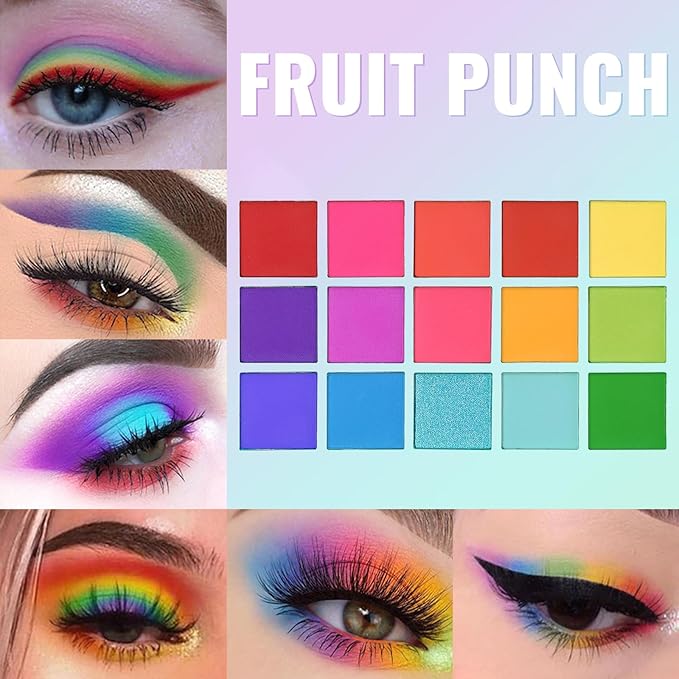 UCANBE Colorful Eyeshadow Palette Makeup Set, 2pcs 15 Shades Matte Shimmer Vibrant Neon Rainbow Pastel Eye Shadow Pallet with Soft Double Ended Brush, Summer Vibe Pigmented Blendable Eye Make Up Kit-BrightBean Baby