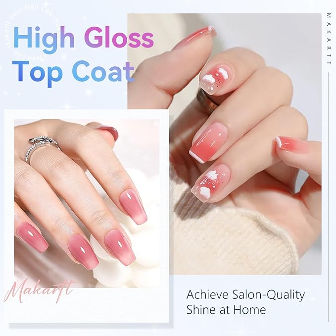 Makartt Gel Top Coat - 2 PCS No Wipe Top Coat Gel Nail Polish High Glossy Shine Finish Long Lasting, 10ML Clear Soak Off UV Nail Lamp, Salon Quality Art Design for Home Use Beauty Gift-BrightBean Baby