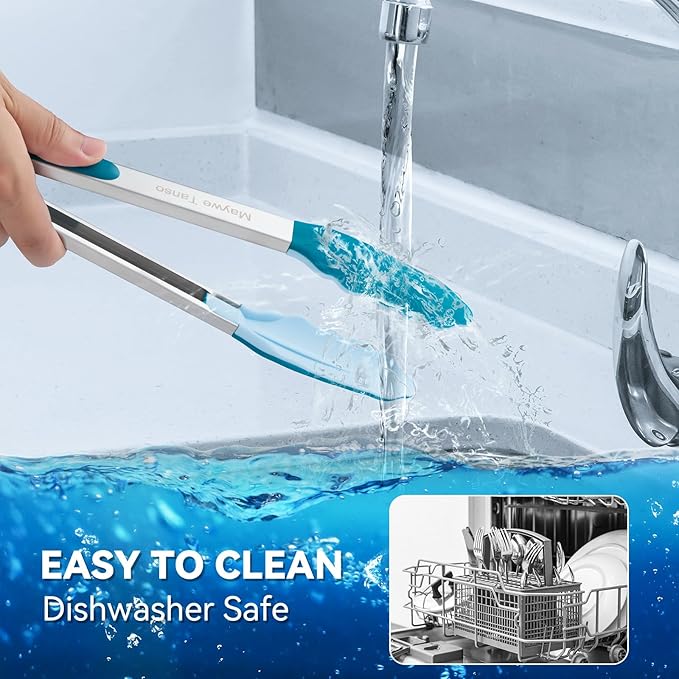 600℉ Heat Resistant Kitchen Tongs for Cooking with Silicone Tips,12-Inch Stainless Steel Locking Cooking Tongs Food Tongs for BBQ,Cooking,Salad and Serving Food,Heavy Duty,Non-Stick (Turquoise)