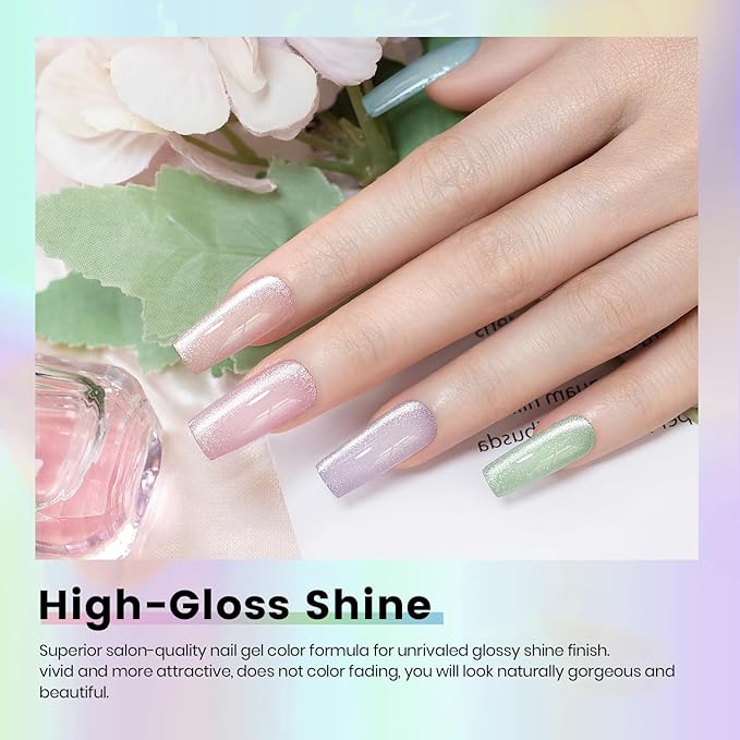 RARJSM Sparkle Diamond Cat Eye Gel Nail Polish Set 6 Colors Nude Pink Milky Jelly Purple Green Blue Silver Glitter Cateye Gel Polish with Magnet Stick UV LED Curing Requires Soak Off Home Salon Diy-BrightBean Baby