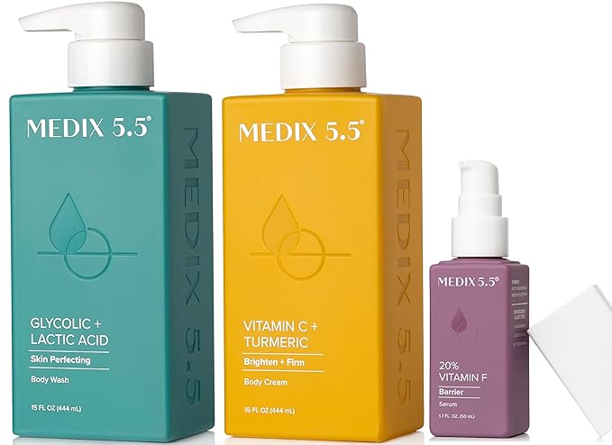 Medix 5.5 Anti Aging Skin Care 3PC Set | Vitamin C Body Cream + Exfoliating AHA Glycolic Acid Foaming Face & Body Wash + Vitamin F Booster Serum, Wash + Treat + Hydrate Skincare Set-BrightBean Baby