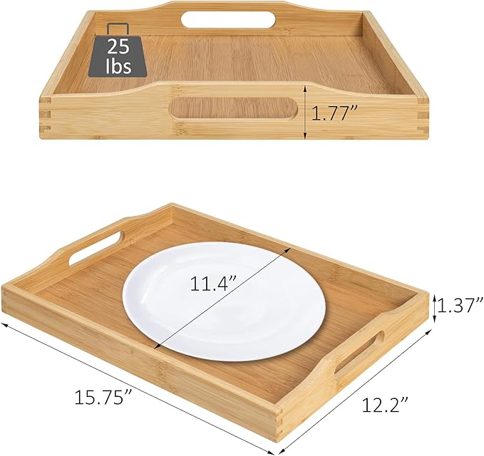 Bamboo Food Serving Tray with Handles, Breakfast Bed Tray for Tea,Snack,Dinner, Home Decorative Storage Food, Platter, Ottoman for Kitchen Counter, Bathroom, Restaurant (Beige)