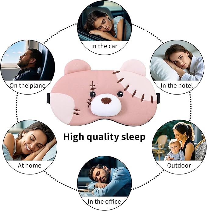 PERFECTSIGHT Sleep Eye Masks, Cute Plush Sleep Eye Cover Lightweight Adjustable Eyeshade Faux Fur Mask Cover for Women Men Kids Sleep Travel Nap, Big Eye Girl, Purple Nose, Brown Pudding Bear-BrightBean Baby