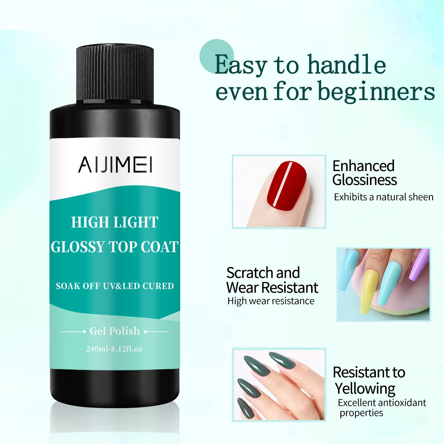 AIJIMEI 240ml High Shine Glossy Top Coat for Nails Long Lasting, Smooth TopCoat, High Light Glossy Top Coat for DIY Nail Art Use Enhance Your Manicure with Brilliant Reflection 8 Fl Oz-BrightBean Baby