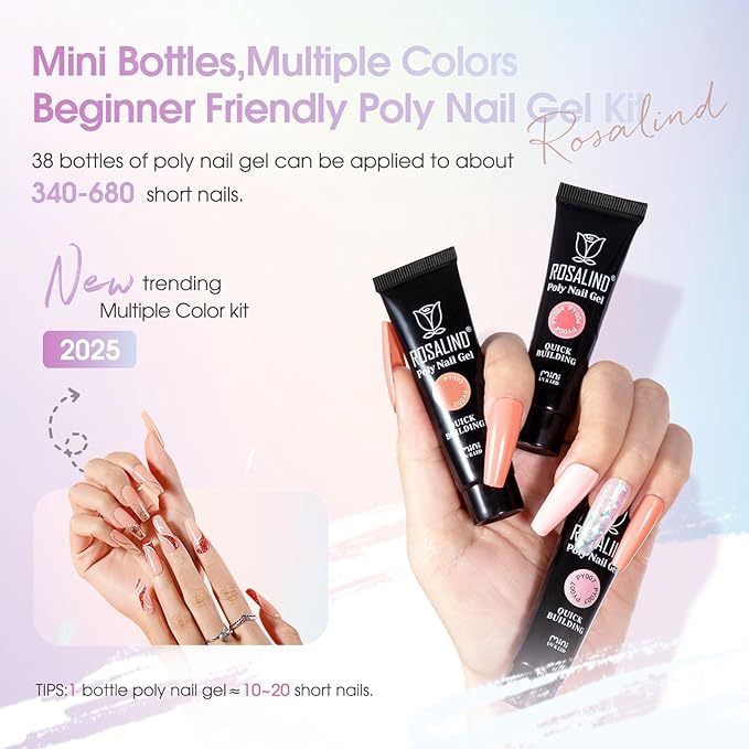 ROSALIND 38PCS Poly Nail Gel Kit with Mini Nail Lamp Glitter Brown Poly Extension Gels Kit Nude Pink Poly Gels Set-BrightBean Baby