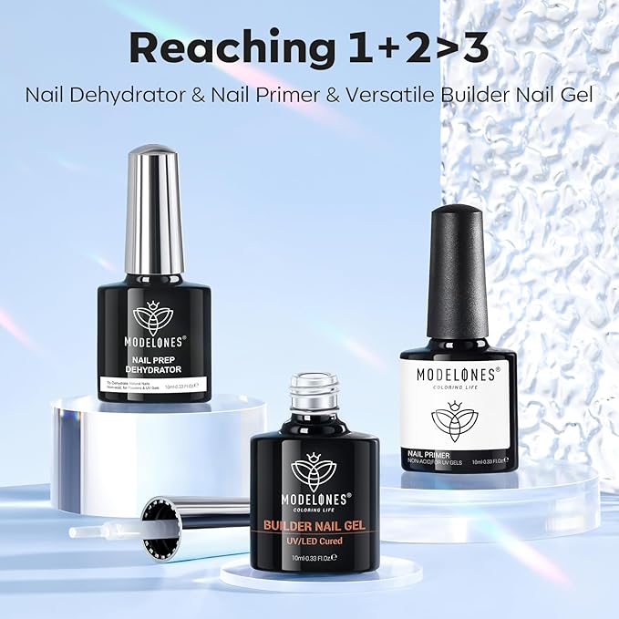 modelones Nail Dehydrator and Primer & Builder Nail Gel, 3Pcs Prep Dehydrate & Bond Primer Clear Gel Builder Polish Base Coat for Strengthener Apex Building, LED Lamp Cured 10ml Home DIY Salon-BrightBean Baby