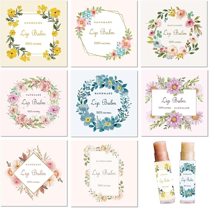 CRASPIRE 80Pcs 8 Styles Lip Balm Sticker Flower Wreath Plants Self-Adhesive Homemade Lip Balm Labels Floral Patter Square DIY Label Stickers for Lip Balm Containers Cosmetics Lipsticks-BrightBean Baby
