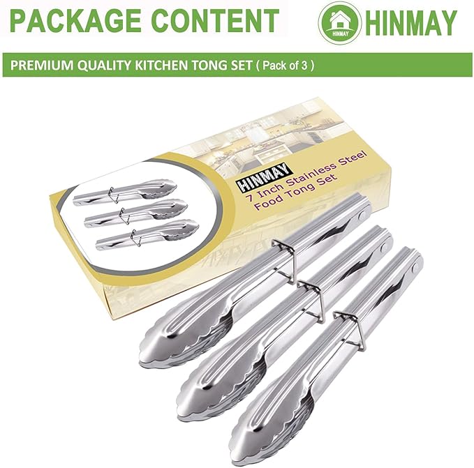 Small Stainless Steel Serving Tongs 7-Inch Salad Tongs, Set of 3 (Silver)