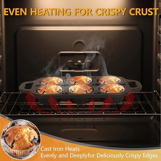 6 Cup Cast Iron Muffin Pan - Pre-Seasoned Nonstick Muffin Tin, Regular Size Cupcake Baking Pan