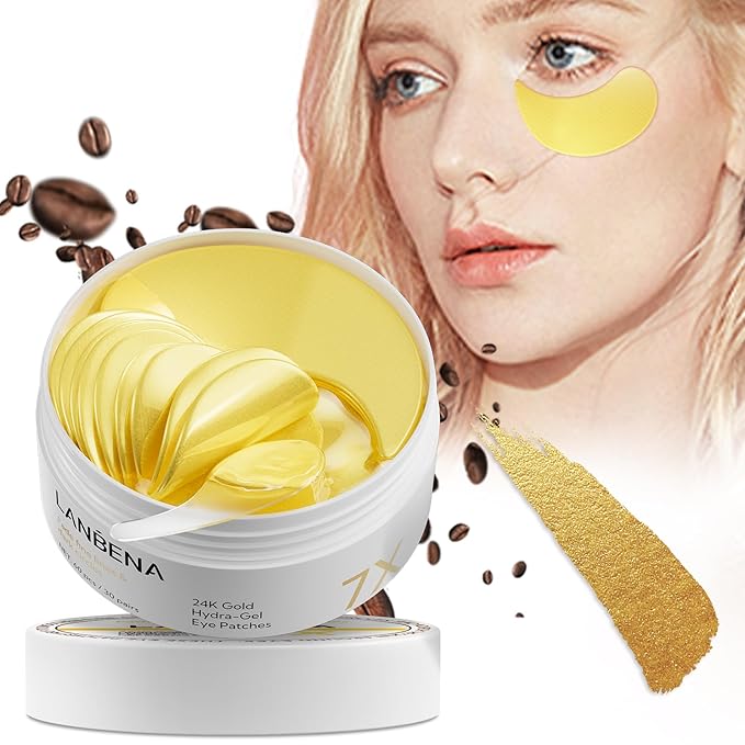 LANBENA 24K Gold Under Eye Patches(30 Pairs) -Cooling Eye Masks for Fine Lines Reduce, with Caffeine Niacinamide Tetrapeptide Hydra-Gel Collagen, Puffy Eyes & Dark Circles & Eye Bags Treatment-BrightBean Baby