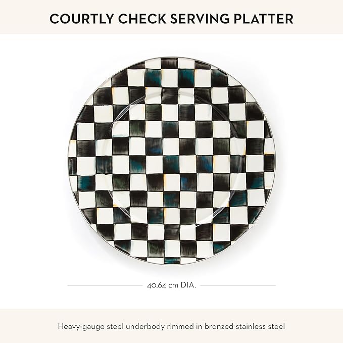MACKENZIE-CHILDS Enamel Serving Platter, Decorative Serving Platter for Food, 16 Inches, Black-and-White Courtly Check