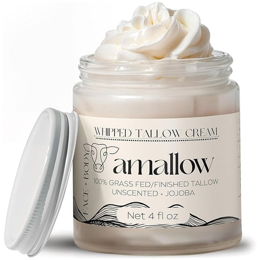 Amallow 100% Grass Fed Beef Tallow for Skin Care - Face + Body - Whipped Moisturizer for Sensitive Skin - Natural Lotion, 4 FL. oz. (Unscented + Jojoba Oil)-BrightBean Baby