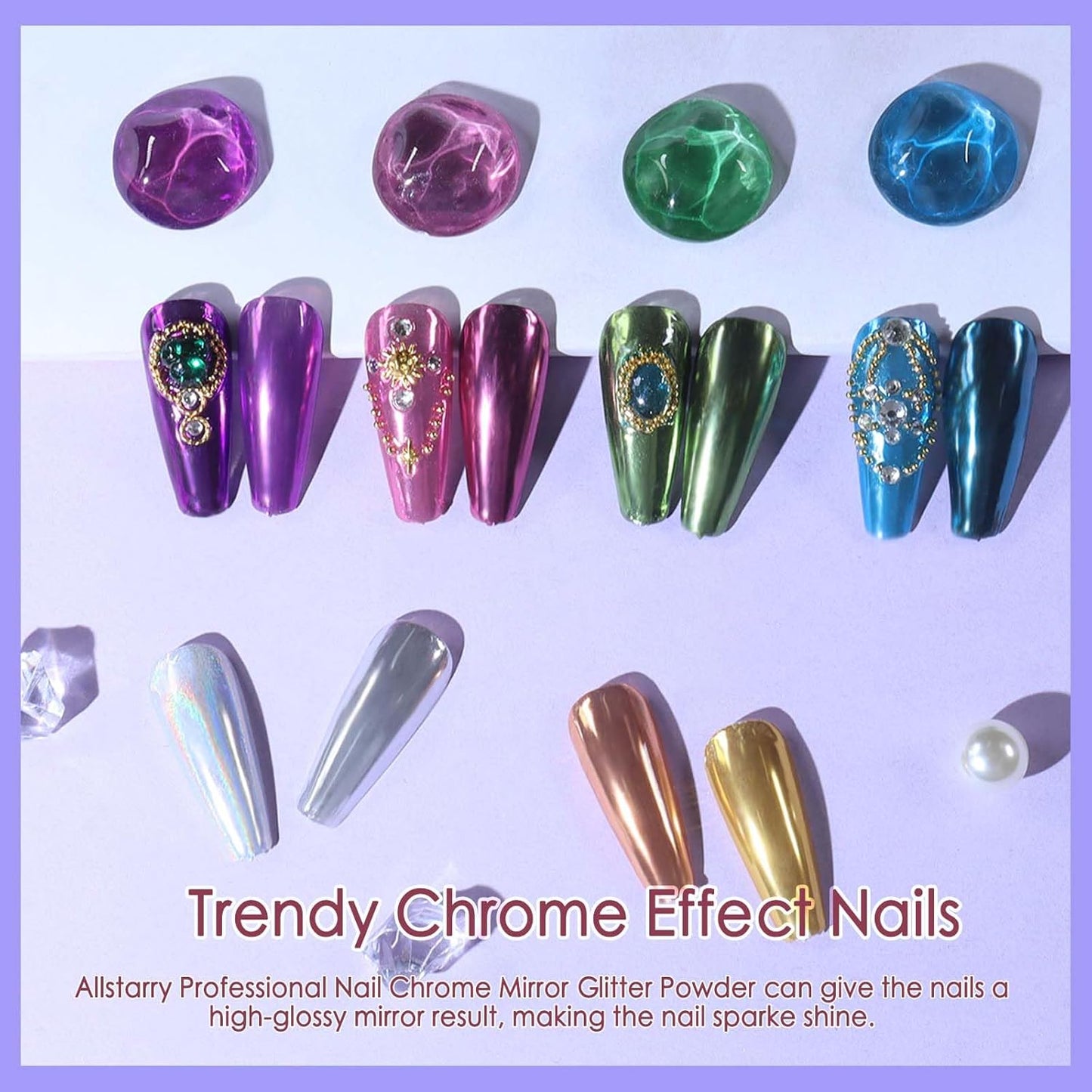 Allstarry Chrome Nail Powder Kit - 16 Colors Metallic Mirror Effect Pigment Powder Magic Glitter Dust for Gel Polish Nail Art Decoration with 16 Sponge Sticks-BrightBean Baby