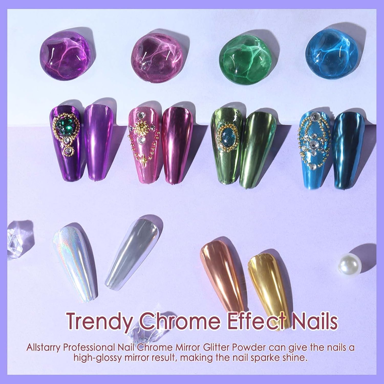 Allstarry Chrome Nail Powder Kit - 16 Colors Metallic Mirror Effect Pigment Powder Magic Glitter Dust for Gel Polish Nail Art Decoration with 16 Sponge Sticks-BrightBean Baby