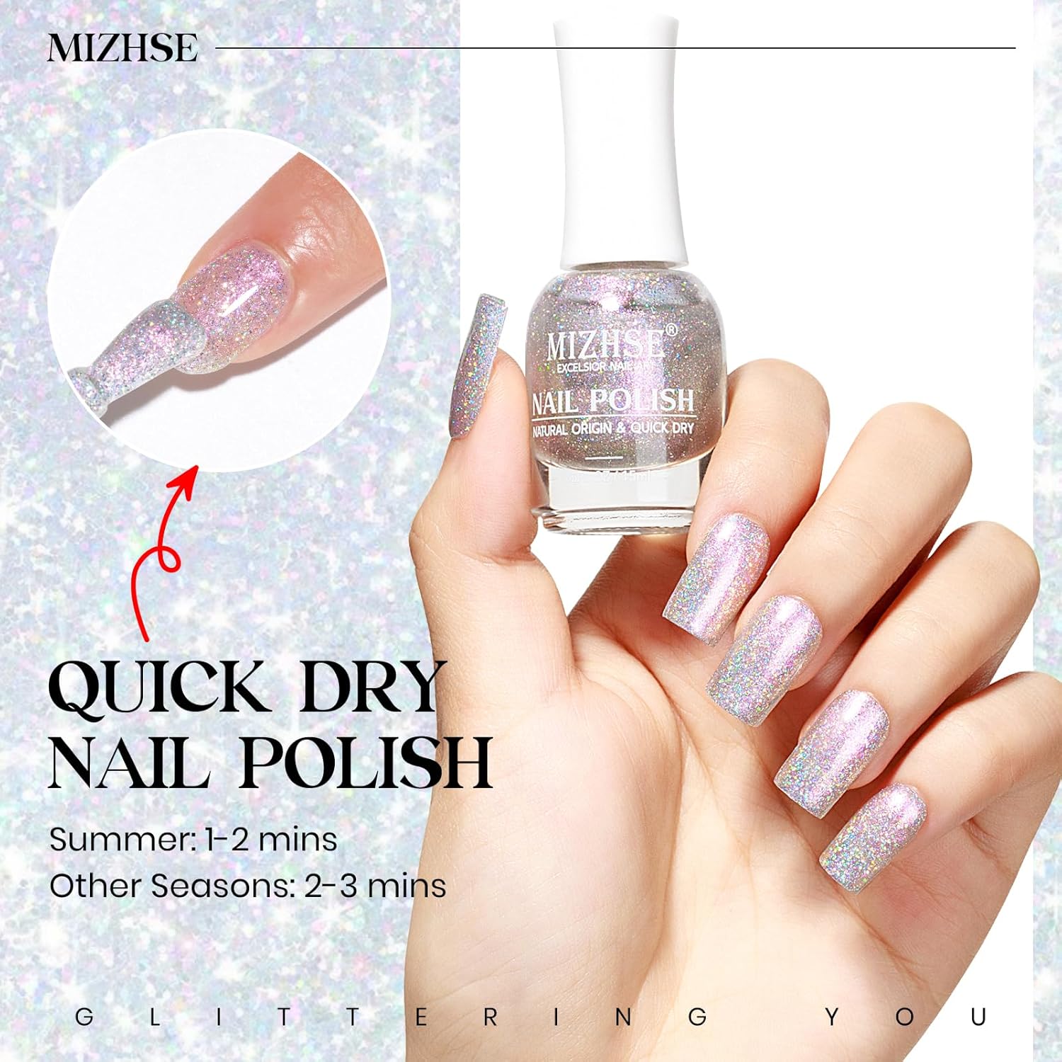 MIZHSE Rainbow Glitter Nail Polish, Quick Dry Iridescent Nail Polish, 15 ml 0.5 fl oz High Glossy Sparkle Shiny Nail Pigment Oil-based Nail Lacquer Nail Art Salon Manicure Home-BrightBean Baby