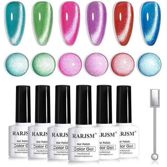 RARJSM Neon Diamond Cat Eye Gel Nail Polish Set 6 Colors Velvet Silver Glitter Bright Green Lake Blue Red Rose Purple Gel Polish with Magnet Stick UV LED Curing Requires Soak Off Home Salon Diy-BrightBean Baby