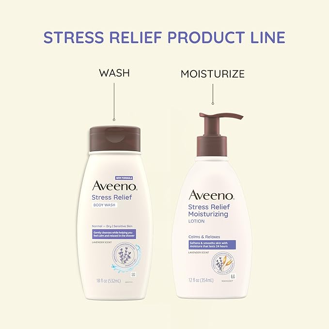 Aveeno Stress Relief Moisturizing Body Lotion 33 Fl Oz, Lavender Scent with Prebiotic Oat, Hydrating 24-Hour Moisturizer Non-Greasy for Dry Sensitive Skin, Paraben & Dye Free, Calming & Relaxing-BrightBean Baby