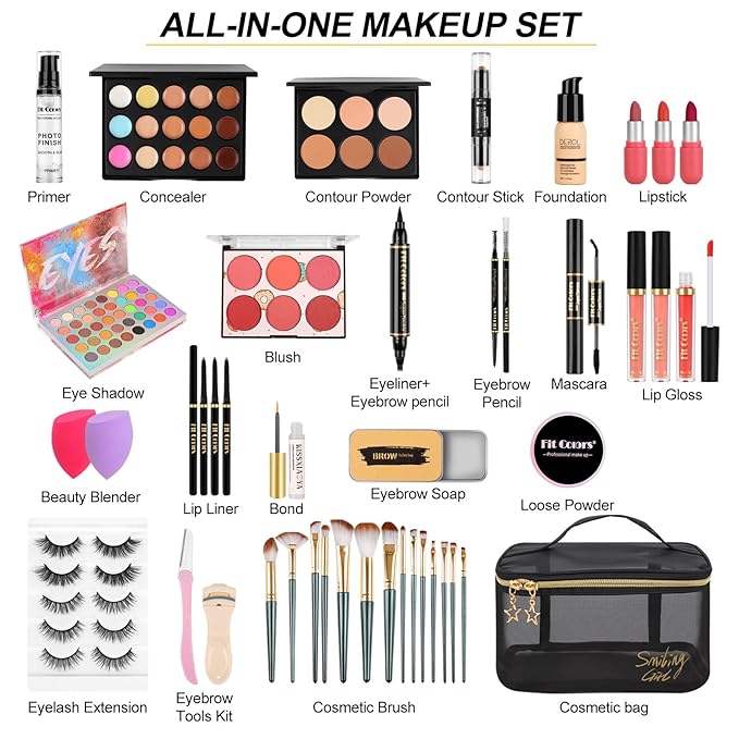 Fenshine Makeup Set,Make Up Starter Kit With Storage Bag Portable Travel Make Up Palette Eyeshadow Foundation Lip Gloss for Teenage & Adults (Type A)-BrightBean Baby