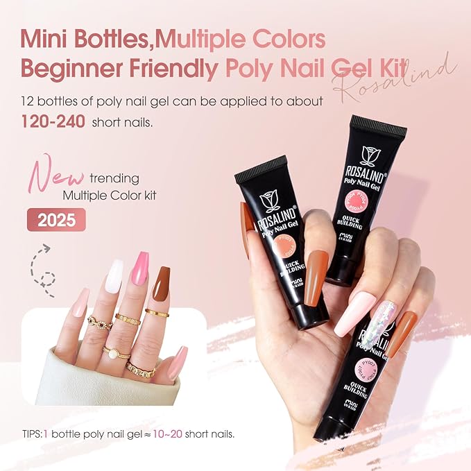 ROSALIND 12PCS Pink Brown Poly Nail Gel Kit with Mini Nail Lamp White Glitter Pink Poly Extension Gel Set-BrightBean Baby