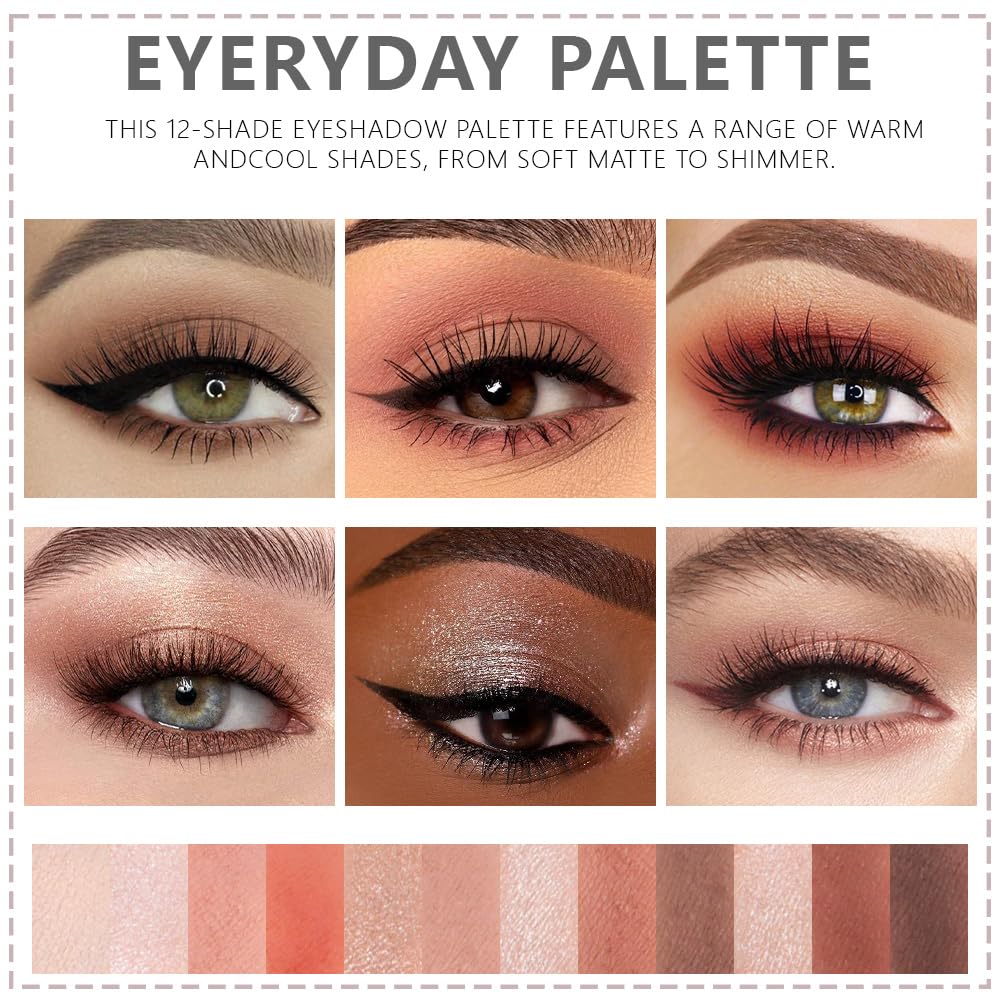12Colors Eye Shadow Palette With Mirror and Brush,Nude Pink Brown Neutral Natural Eyeshadow Palette,Long Lasting Waterproof Travel Size Makeup Pallete-BrightBean Baby