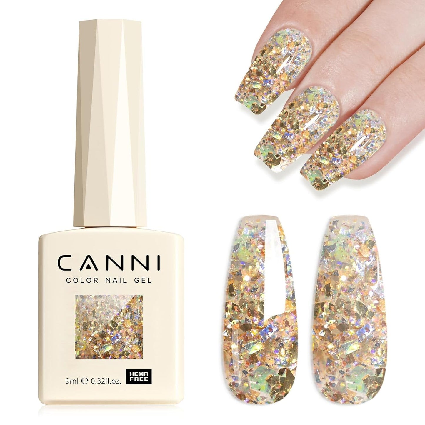 CANNI Glitter Gel Nail Polish – 9ML Broken Gold Prism Flash Gel Polish, Holographic Gold, Soak Off UV LED Nail Art Salon & DIY Manicure at Home-BrightBean Baby