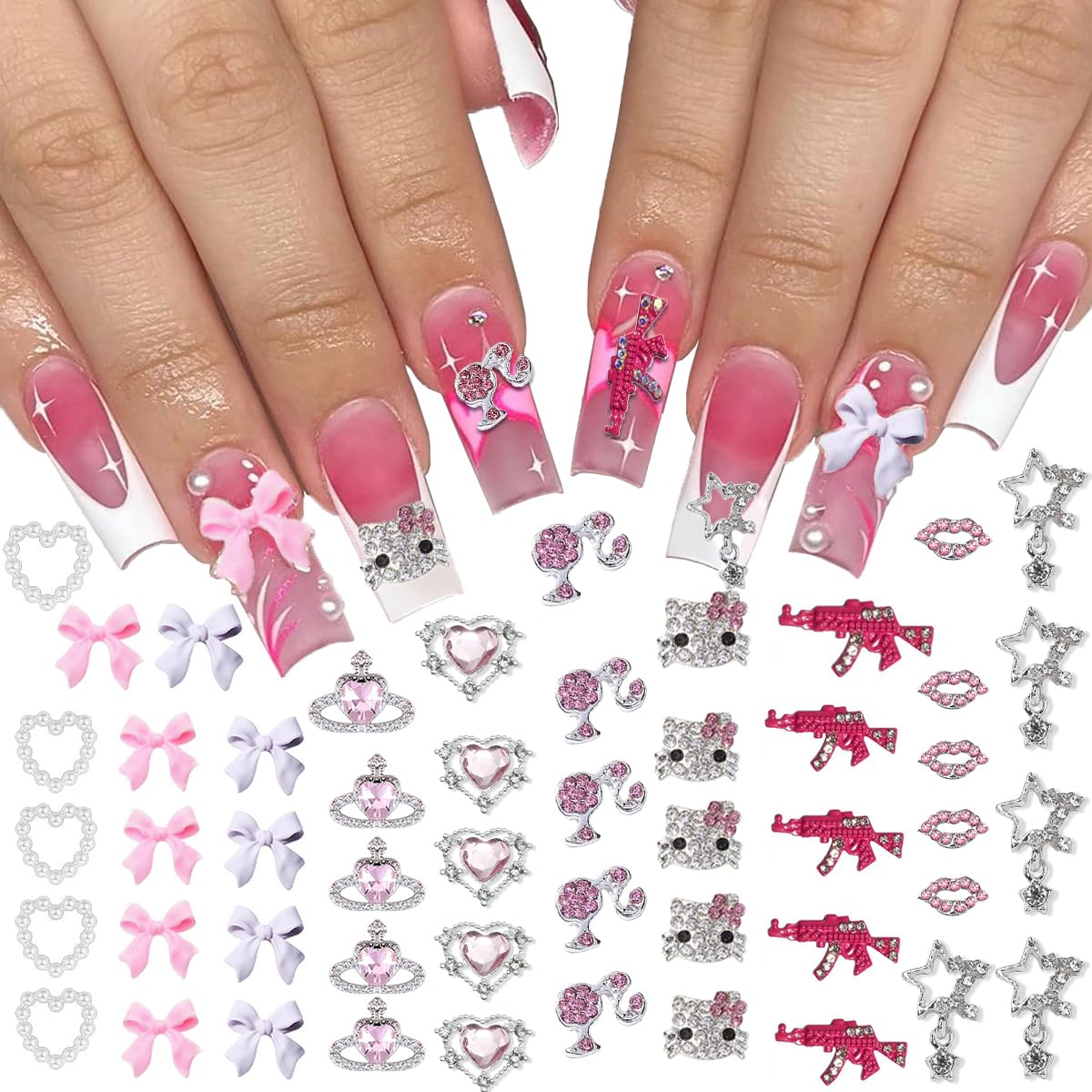 Barbiecore Nail Charms, Pink Gun Head Lip Heart Saturn Rhinestione Nail Art Charms Nail Jewelry Decorations Acrylic Nail Gems Accessories for Women Girl DIY Crafts Supplies-BrightBean Baby