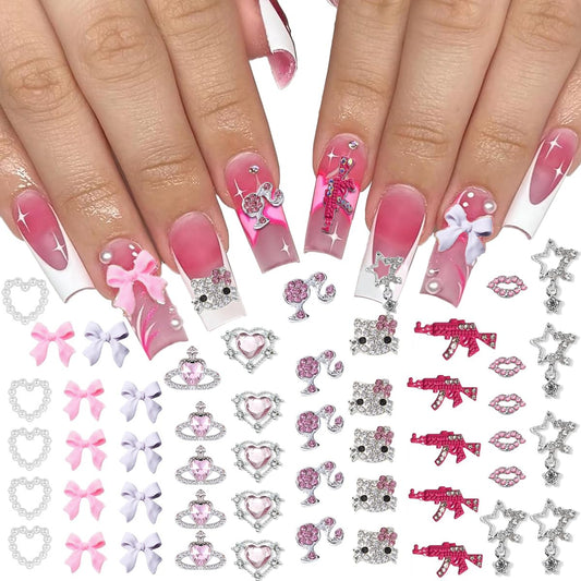 Barbiecore Nail Charms, Pink Gun Head Lip Heart Saturn Rhinestione Nail Art Charms Nail Jewelry Decorations Acrylic Nail Gems Accessories for Women Girl DIY Crafts Supplies-BrightBean Baby