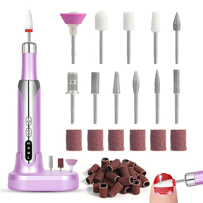Electric Nail Drill File Cordless,Portable Rechargeable Nail File Kit for Acrylic & Gel Nails,Professional Efile for Manicure Pedicure Polishing,with 12 Nail Drill Bits 31 Sanding Bands,Purple-BrightBean Baby