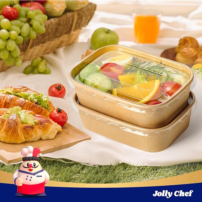 JOLLY CHEF 50 Pack Paper Food Containers with Lids, 19 oz Disposable Meal Prep Containers, Rectangular Paper Bowls with Lids for Thanksgiving, Christmas, Parties