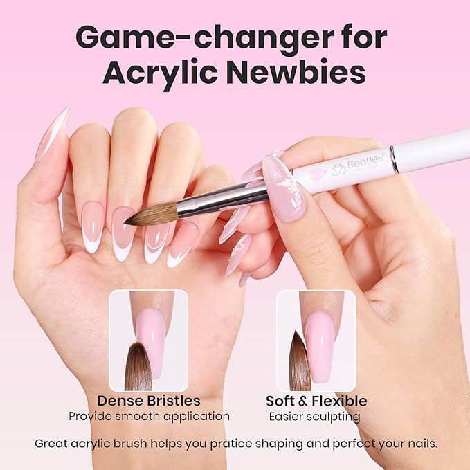 Beetles Acrylic Nail Brush Kolinsky Hair Bristles Round Shaped Metal Handle Nail Art Brushes for Acrylic Powder Manicure Extension DIY at Home Manicure Tool - Size 8-BrightBean Baby