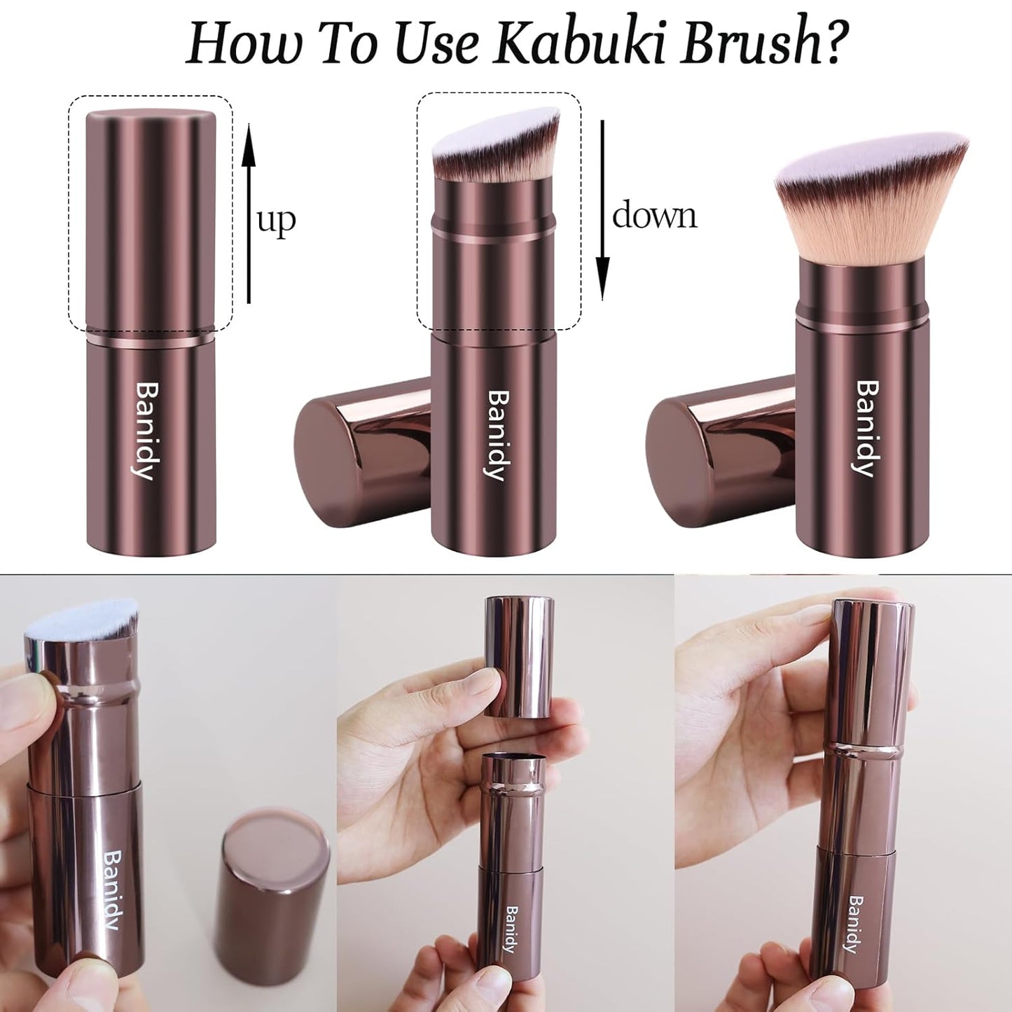 Makeup Brush Kabuki Face Brushes Retractable Travel Blush Kabuki Brush Portable Flawless for Foundation, Powder Blush, Bronzer, Buffing, Liquid, Cream, Cruelty Free with Cover(Brown)-BrightBean Baby