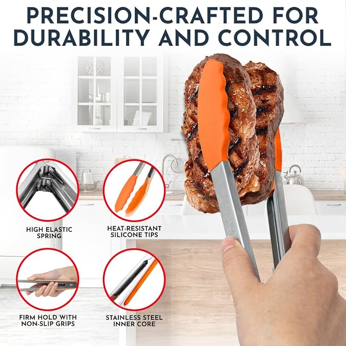 Kitchen Tongs for Cooking with Silicone Tips, Heat Resistant Tongs for Serving Food, 7-Inch, 9-Inch, 12-Inch Locking Silicone Tong, Set of 3 Salad Tong, Orange Kitchen Utensils