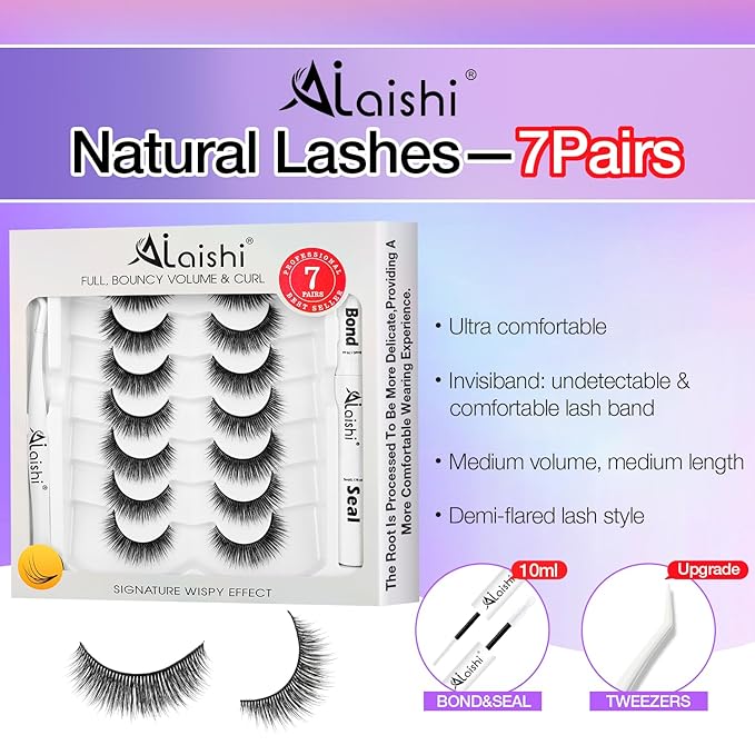 Wispy False Eyelashes Kit With Bond, Seal and Tweezer, 7 Pairs Natural Look Fake Cat Eye Lashes Strips Thin Band Extensions Waterproof Easy Eyelashes for Beginners RQ11-BrightBean Baby