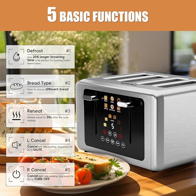 whall 4 Slice Touch Screen Toaster, Stainless Steel Toasters Digital Timer, Dual Control Panel Toasters，6 Shade Settings＆6 Bread Types, Smart Wide Slots, Bagel, Cancel, Defrost