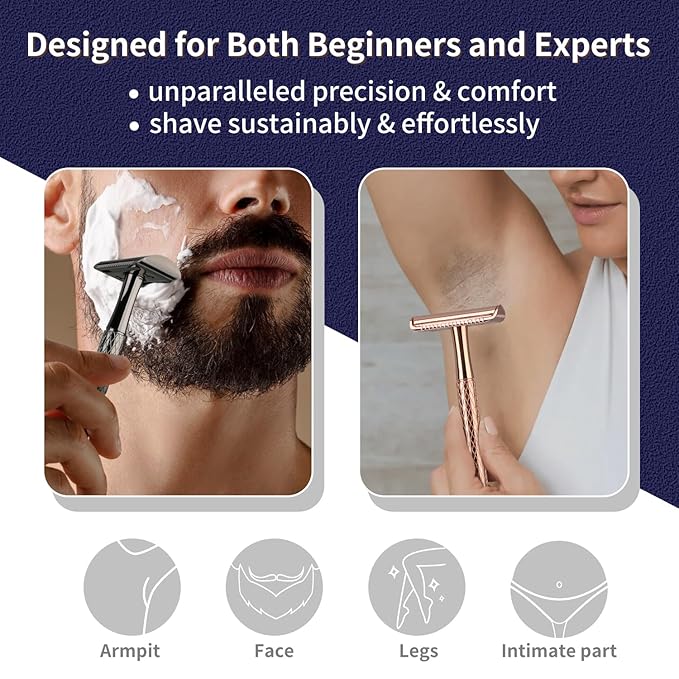 Shiny Silver Double Edge Safety Razor, Single Blade Razors for Men and Women, with 10 Stainless Steel Safety Razor Blades, Reusable, Smooth and Close Wet Shaving Kit, Plastic Free-BrightBean Baby