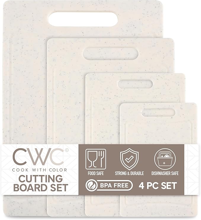 COOK WITH COLOR Non-Slip Cutting Board Set – Kitchen Essentials with Easy Grip Handle for Meat, Veggies, and Fruits, 4 Cutting Boards, White