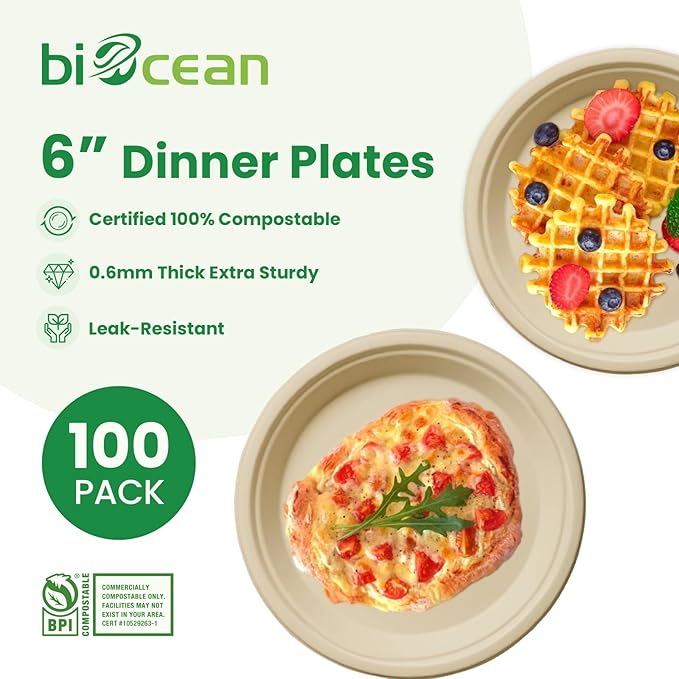 6 Inch Compostable Plates 100 Pack Heavy Duty Compostable Paper Plate, Disposable Eco-Friendly Sugarcane Bagasse Plate, Natural Brown Plates for Dinner, Dessert, and Weddings