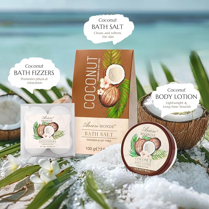 Bath & Shower Spa Basket Gift Set, Coconut Scent, with Shower Gel, Bubble Bath,Body Lotion, Bath Bomb,Bath Salt, Bath and Body Gift Box for Women-BrightBean Baby