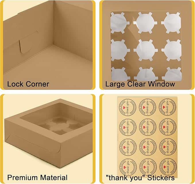 9-Count Cupcake Boxes with Window and Insert, 9x9x3 Inch, Brown, Suitable for Cupcakes, Muffins, and Cookies, 8 Pack