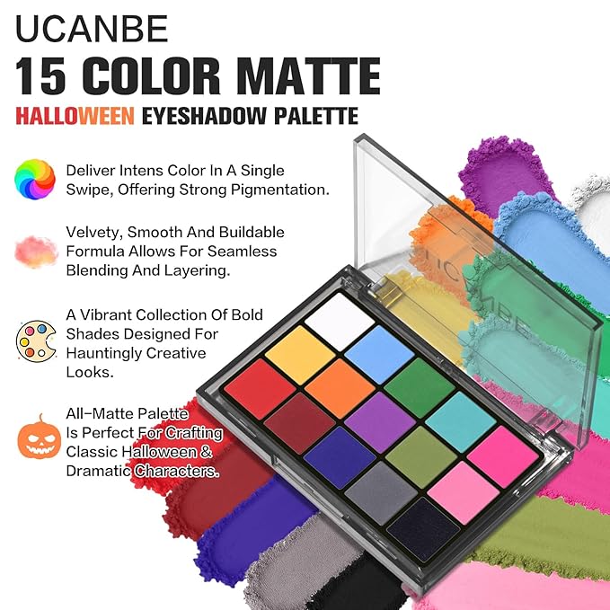 UCANBE Halloween Makeup Palette, 15 Colors Matte Black White Red Blue Green Purple Pink Eye Shadow, High Pigmented Blendable Bright & Dark Shade Pallet for Cosplay SFX Costume Stage Parties-BrightBean Baby