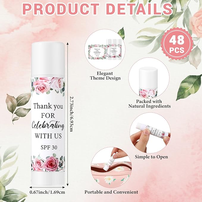 48 Pack SPF 30 Sunscreen Lip Balms Bulk Thank You for Celebrating with Us Sunscreen Care Lip Balm Sticks Wedding Party Favor Baby Bridal Shower Party Supplies Thank You Gifts for Guest-BrightBean Baby