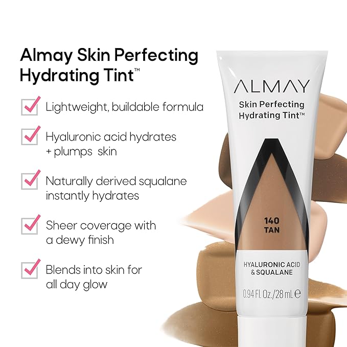 Almay Hydrating Liquid Foundation Tint, Lightweight with Light Coverage, Naturally Dewy Finish, Hypoallergenic, Dermatologist TestedFragrance Free, 140 Tan, 0.94 fl oz.-BrightBean Baby