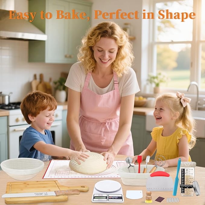 Aliggbent 40Pcs Sourdough Bread Baking Supplies, 10'' Round & Oval Banneton Bread Proofing Baskets with 24 oz Sourdough Starter Jar Kit, Digital Scale, Cutting Board, Knife, Bags ＆ Bread Making Tools