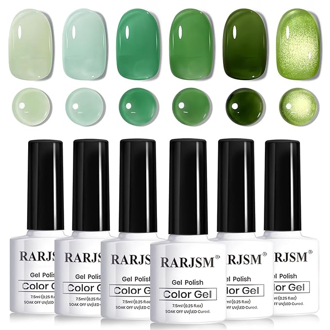 RARJSM Green Jelly Glass Gel Nail Polish Set 6pcs Clear Crytal Army Dark Jade Sage Green Transparent Sheer Amber Series Milky Diamond Cat Eye Gel Varnish LED UV Curing Requires-BrightBean Baby