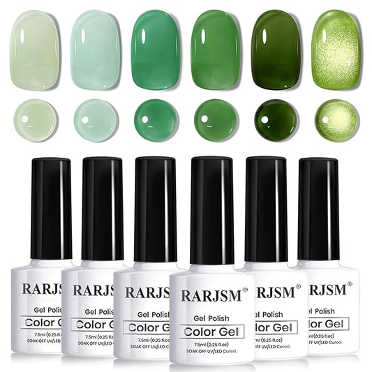 RARJSM Green Jelly Glass Gel Nail Polish Set 6pcs Clear Crytal Army Dark Jade Sage Green Transparent Sheer Amber Series Milky Diamond Cat Eye Gel Varnish LED UV Curing Requires-BrightBean Baby