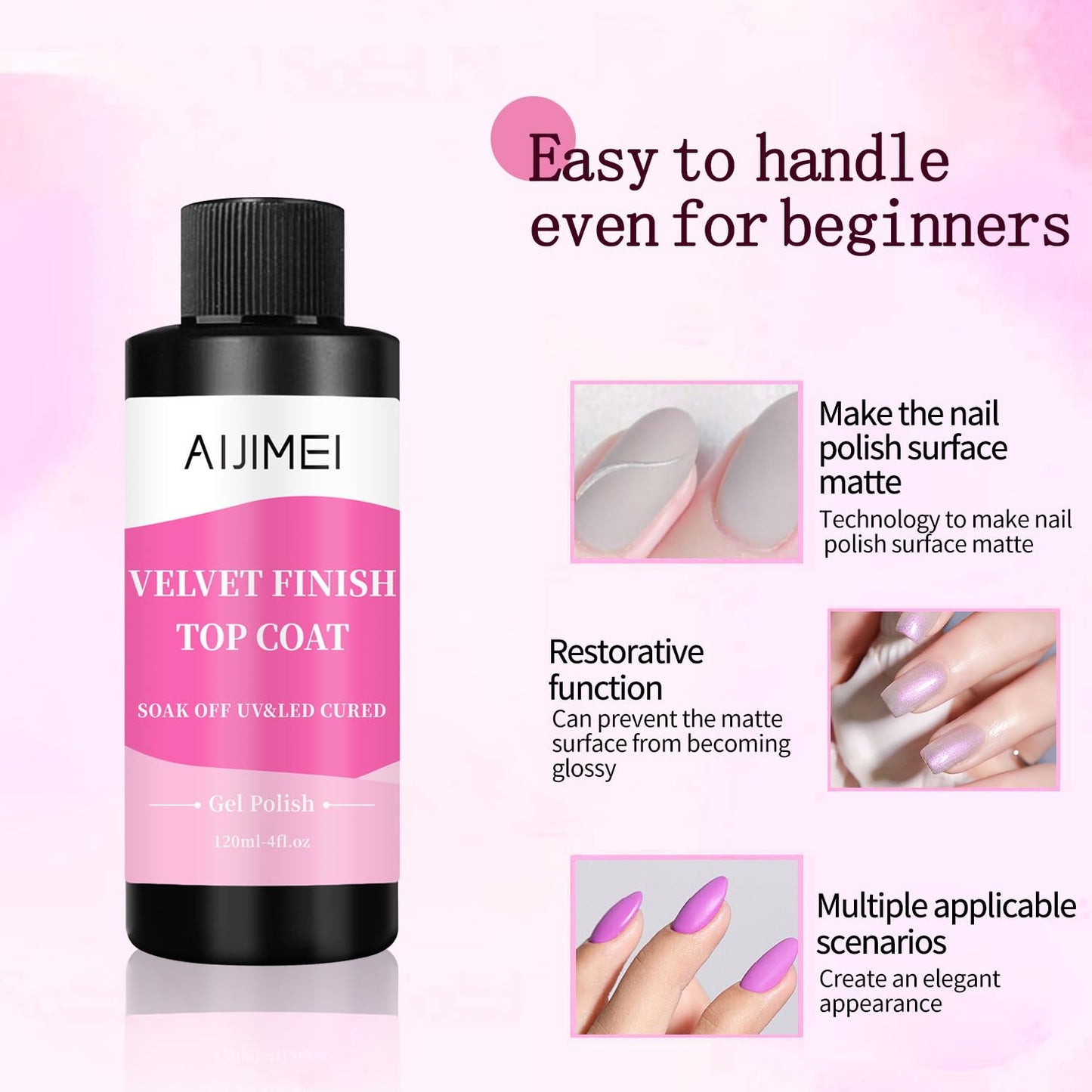 AIJIMEI Velvet Finish Top Coat – Luxurious Matte Effect, Quick Dry, Easy Application, Suitable for All Nail Types, Professional Quality for Home Use 4 Fl Oz-BrightBean Baby