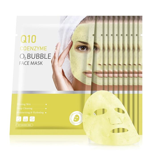 10 Sheets Coenzyme Q10 O2 Bubble Masks for Face, Bubble Face Mask Skincare for All Skin Types, Deep Cleansing Moisturizing Facial Mask Skin Care for Pores, Firming, Purifying, Sheet Masks for Spa-BrightBean Baby