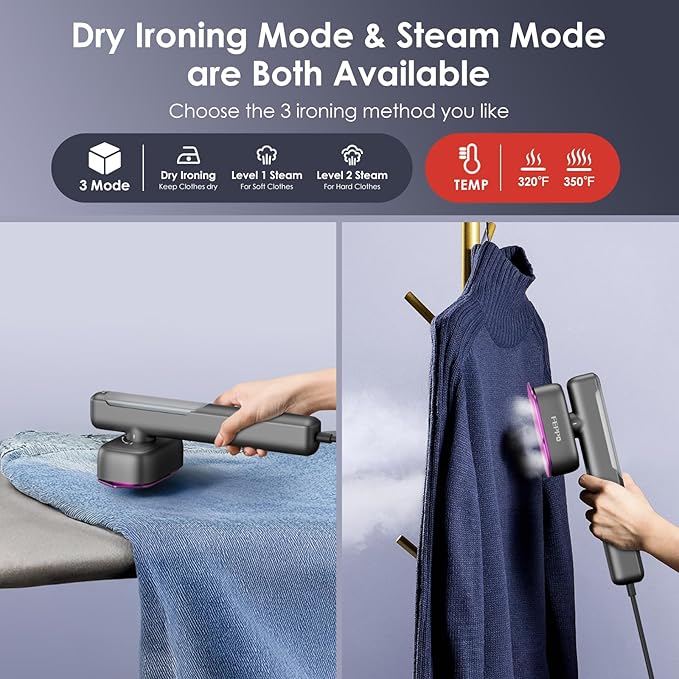 FEPPO Travel Steamer for Clothes, 110-240V Dual Voltage Portable Mini Steamer & Iron 2in1, 1100W Powerful Garment Steamer, Fast Heat Up, Travel Size, HD Display, for Home & Global & Europe Travel-BrightBean Baby