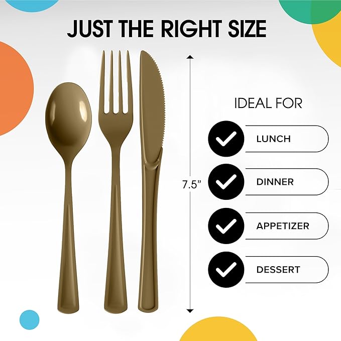 Party Solids Gold Plastic Silverware Heavy Duty 300 Pieces Gold Plastic Cutlery Sets, Utensil Sets, 100 Of Each Forks, Knives & Spoons Disposable Cutlery Set, Flatware Set For Party Supplies